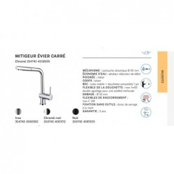 MITIGEUR EVIER CARRÉ NOIR + DOUCHETE 1 JET COMPLET